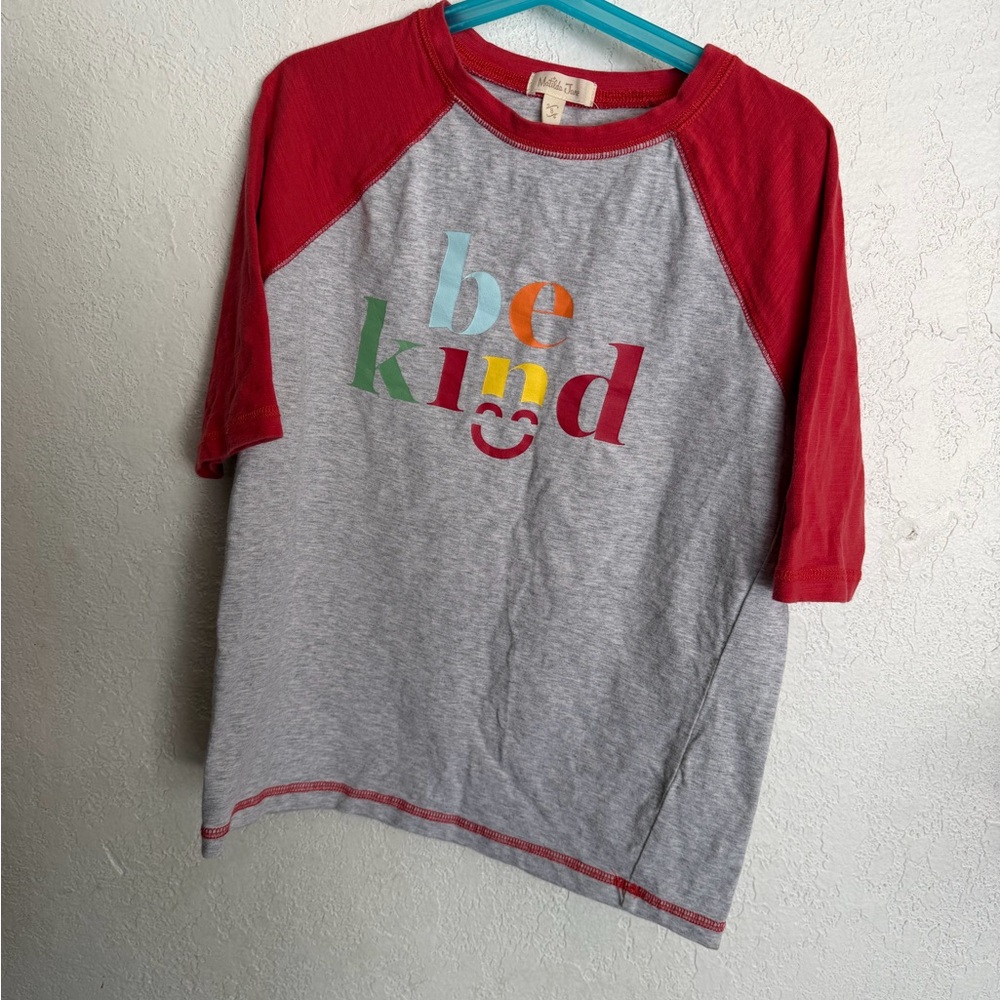 Matilda Jane Gray Tee with Red Raglan Sleeves and Multicolor "be kind" Graphic